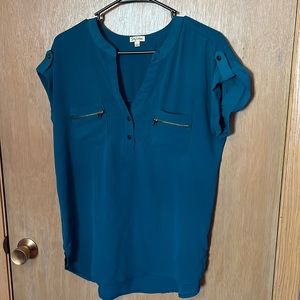 Teal blouse with zipper embellished breast pockets, size large